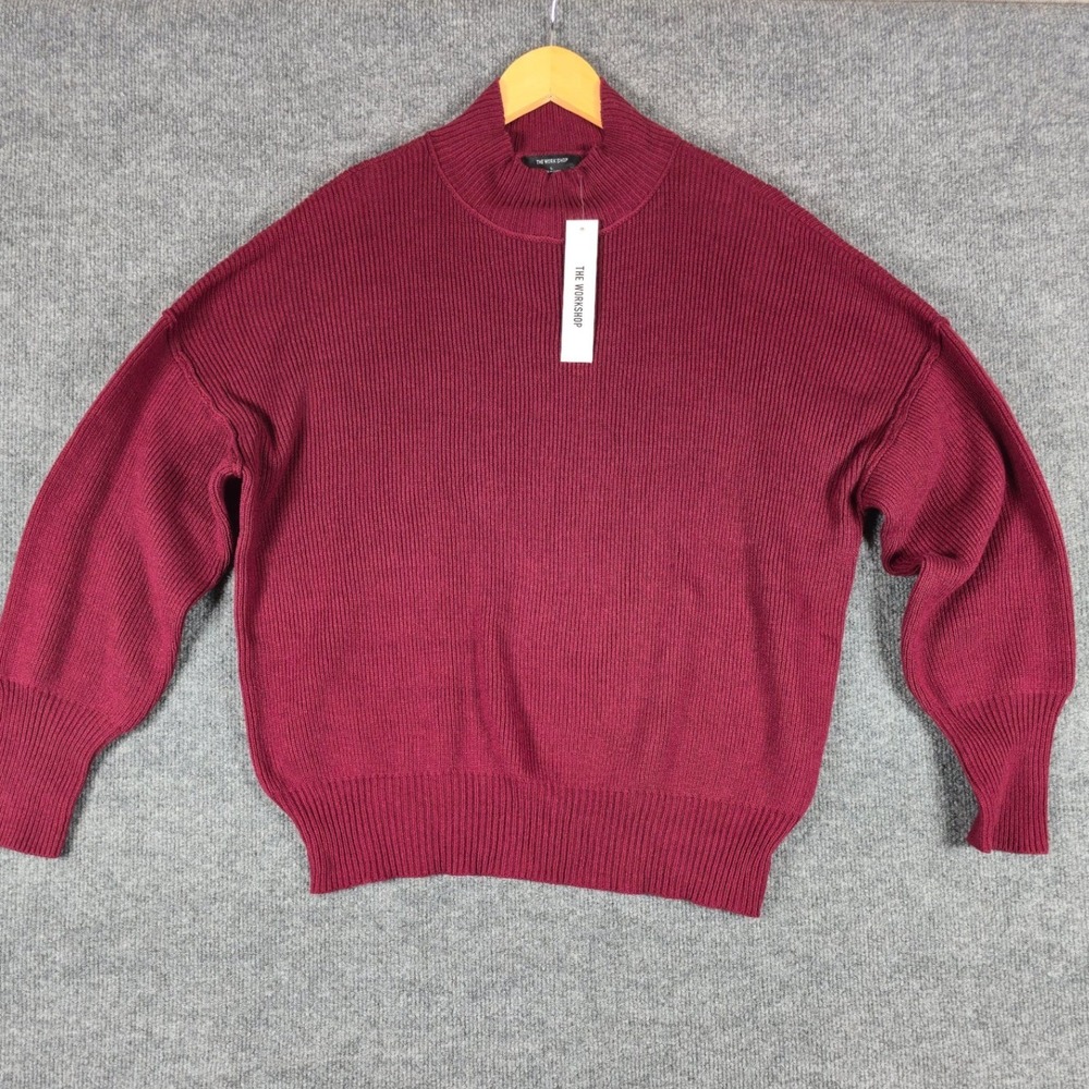 The Work Shop Burgundy Mock Neck Ribbed Knit Sweater Balloon Sleeve‎ Size L